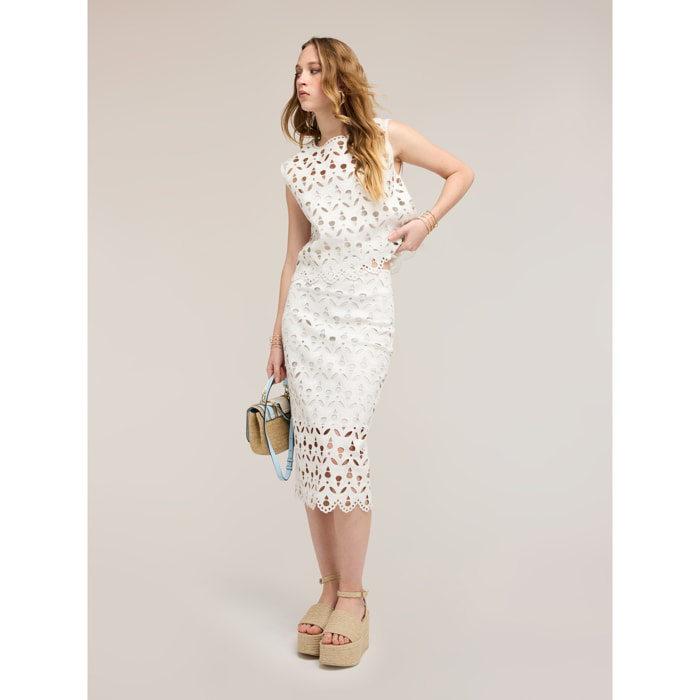 Motivi - Falda tubo en tejido coated efecto sangallo - Blanco