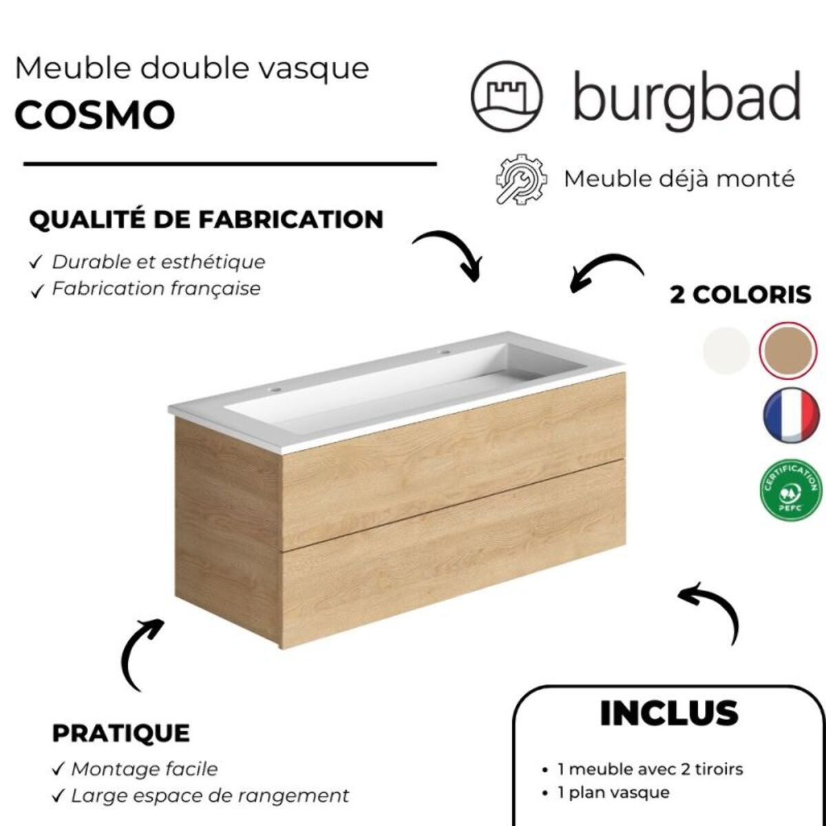 Meuble double vasque 120 cm BURGBAD Cosmo chêne cachemire + colonne + miroir
