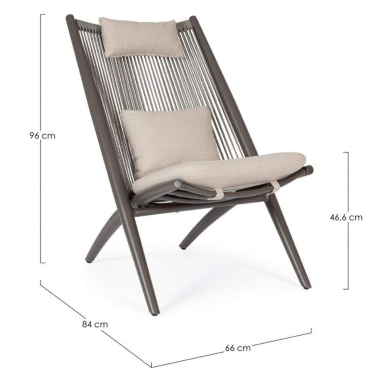 Set di 4 poltrone ALOHA in alluminio marrone e intreccio di corda marrone, con cuscini
