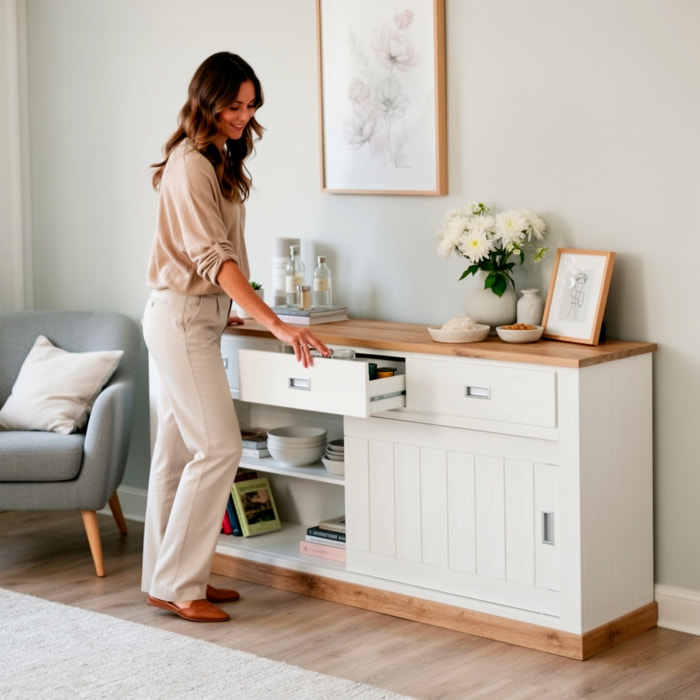 Credenza Soggiorno 3 Cassetti 2 Ante Scorrevoli 4 Ripiani Interni Mobile Buffet Madia Dispensa Cucina Zona Living Design Classico Moderno 220 x 50 x 95 Cm Colore Bianco E Rovere