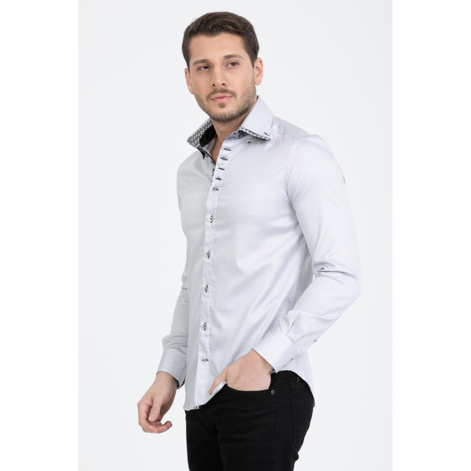 Camicia Uomo 2 Bottoni Button Down 7bottoni Doppio Coll Satin Unito Grigio