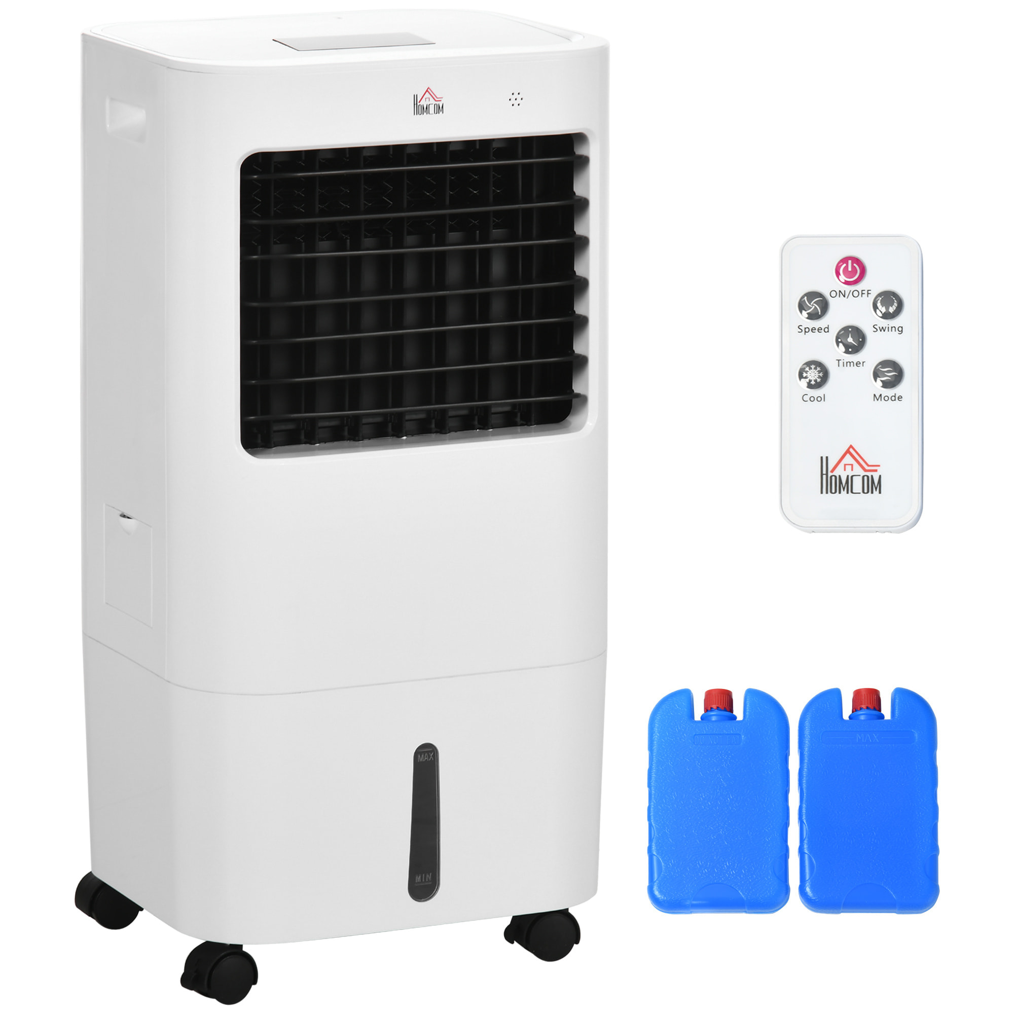 Enfriador de Aire Portátil 15L Climatizador Evaporativo 65W Humidificador Ventilador con Pantalla LED Control Remoto Temporizador Oscilación 3 Velocidades 3 Modos 32x37x74 cm Blanco