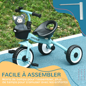 Tricycle enfant multi-équipé garde-boue sonnette panier pédales antidérapantes siège réglable avec dossier métal bleu ciel