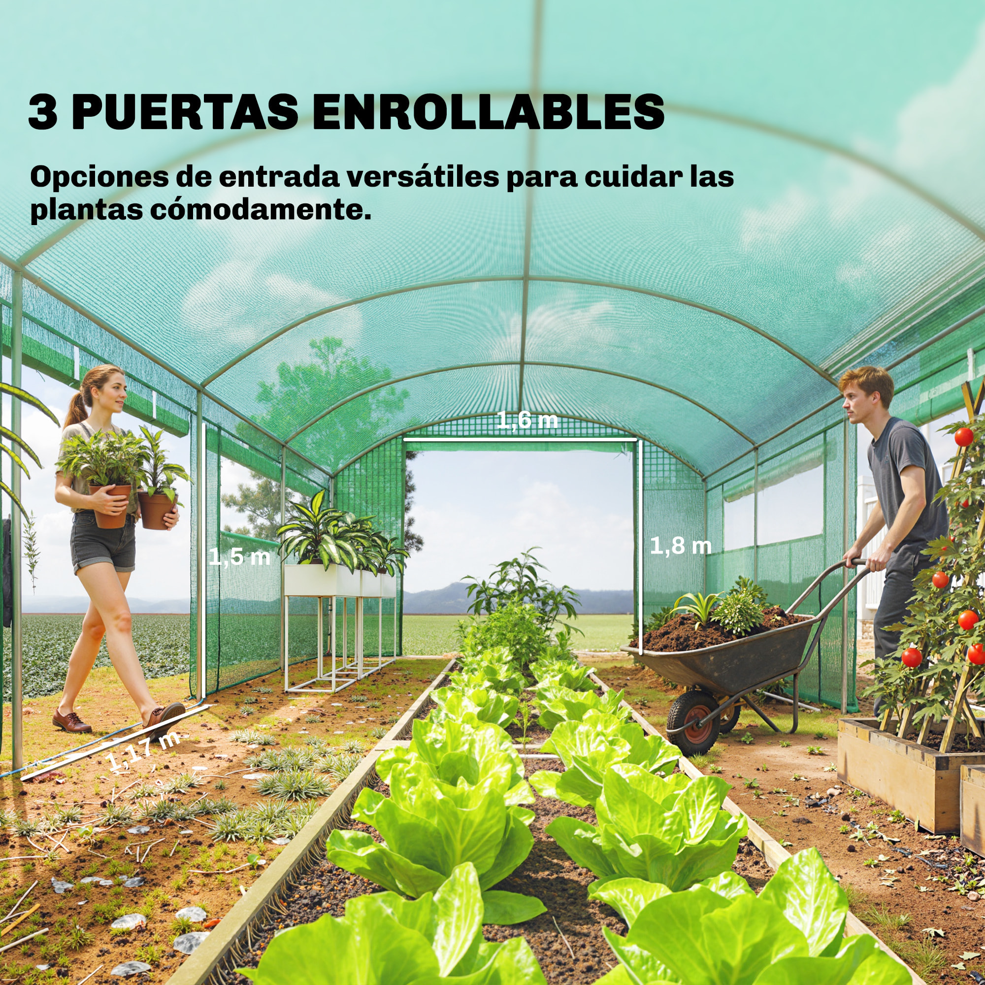 Invernadero de Exterior 6x3x2 m, Invernadero de Túnel con 3 Puertas Enrollables, Ventanas de Malla, Cubierta PE 140g/m² Anti-UV y Marco de Acero Galvanizado, para Cultivos, Plantas, Verde