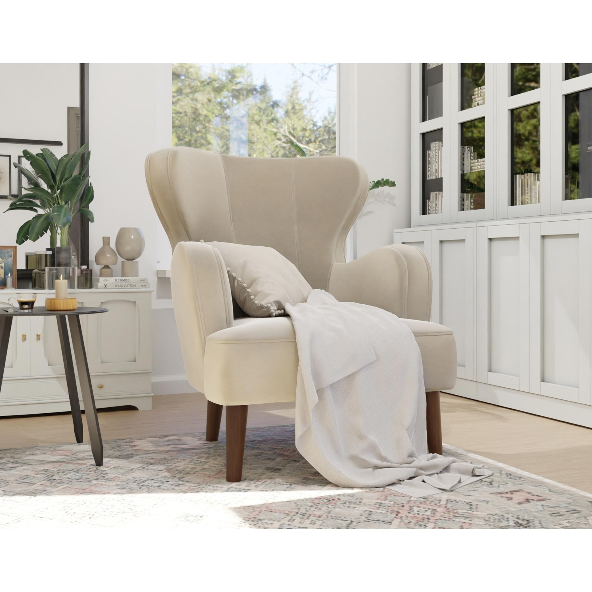 Jaudy - fauteuil - en velours - pieds en bois - Beige