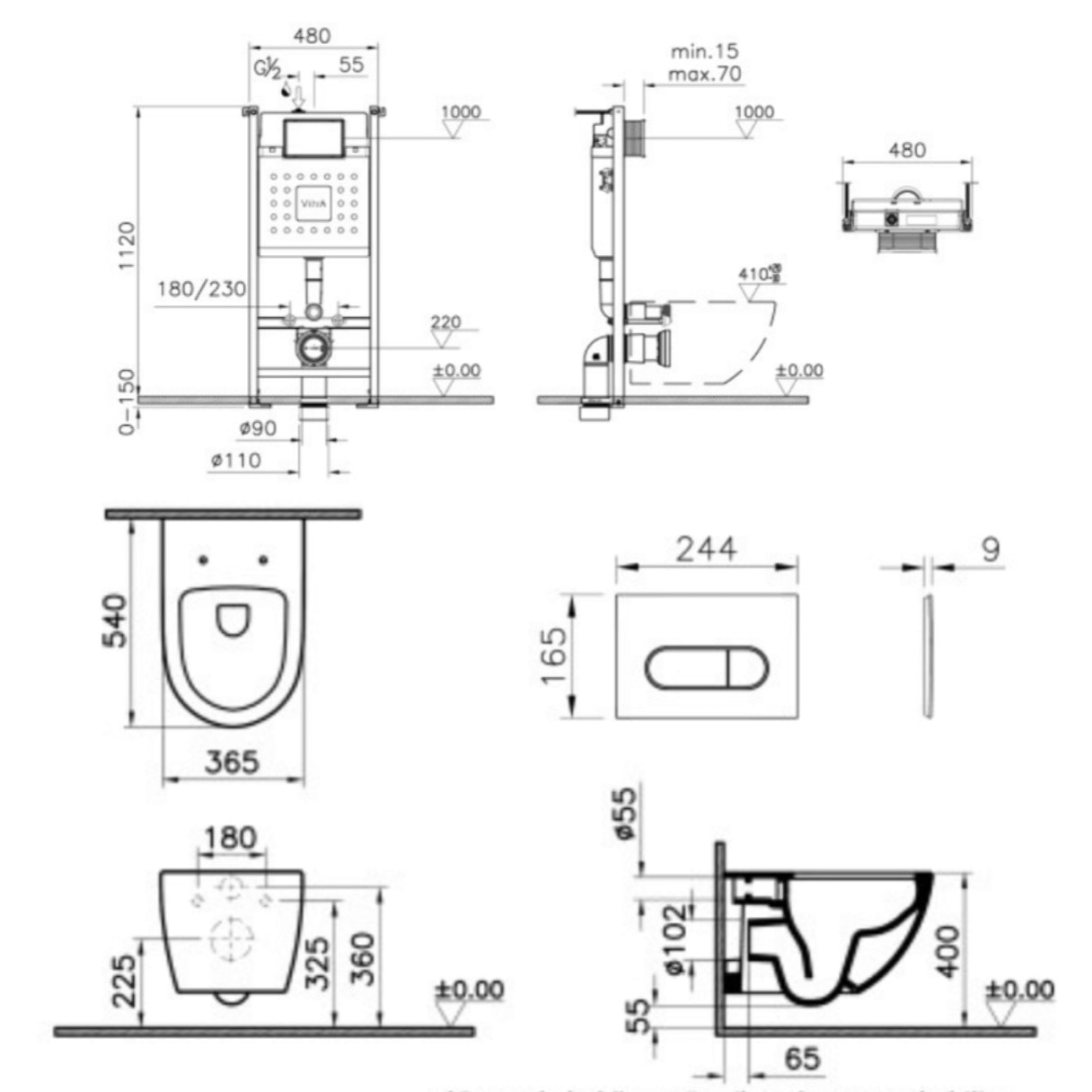 Pack WC suspendu VITRA Sento blanc + bâti autoportant V-Fix Core + Plaque Round Noir mat