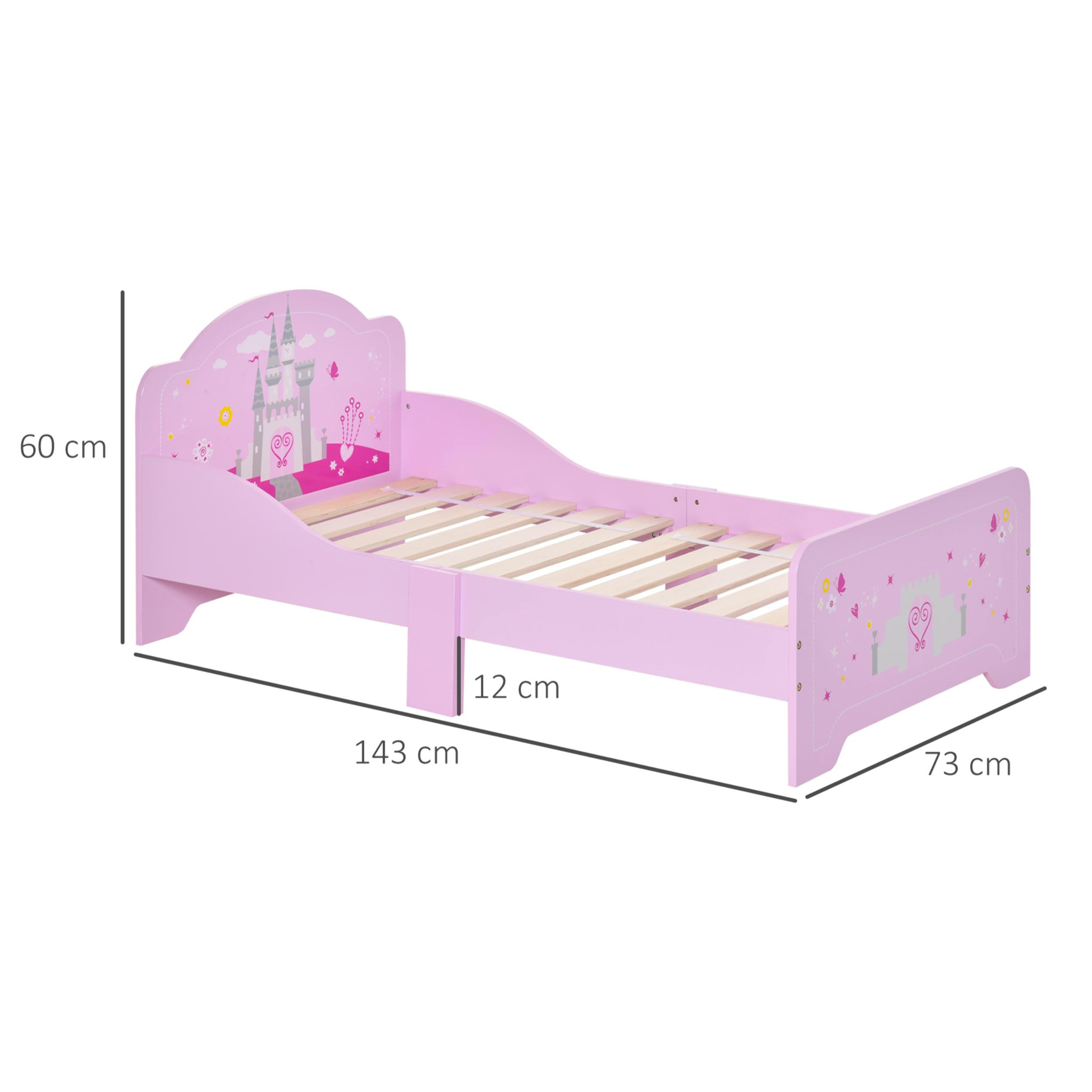 Cama Infantil de Madera para +3 Años con Lateral de Protección 143x73x60cm Rosa