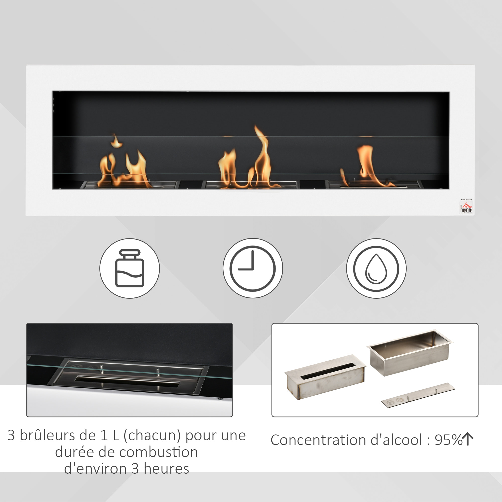 Cheminée bioéthanol murale design Bauhaus - triple brûleur 1 L - pare-feu verre trempé, kit fixation inclus - acier inox. acier dépoli blanc