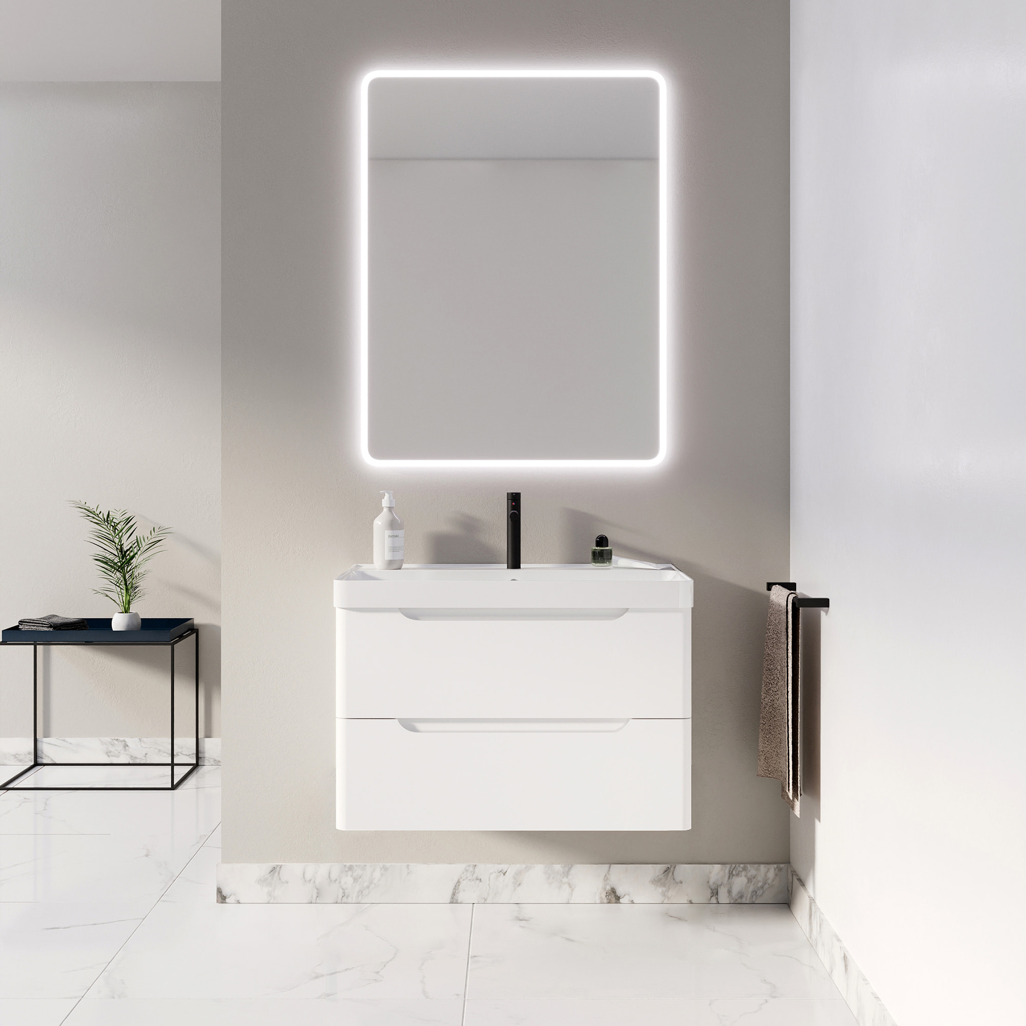 Meuble de salle de bains 80cm 2 tiroirs Blanc Mat - Vasque céramique blanche - JOTA