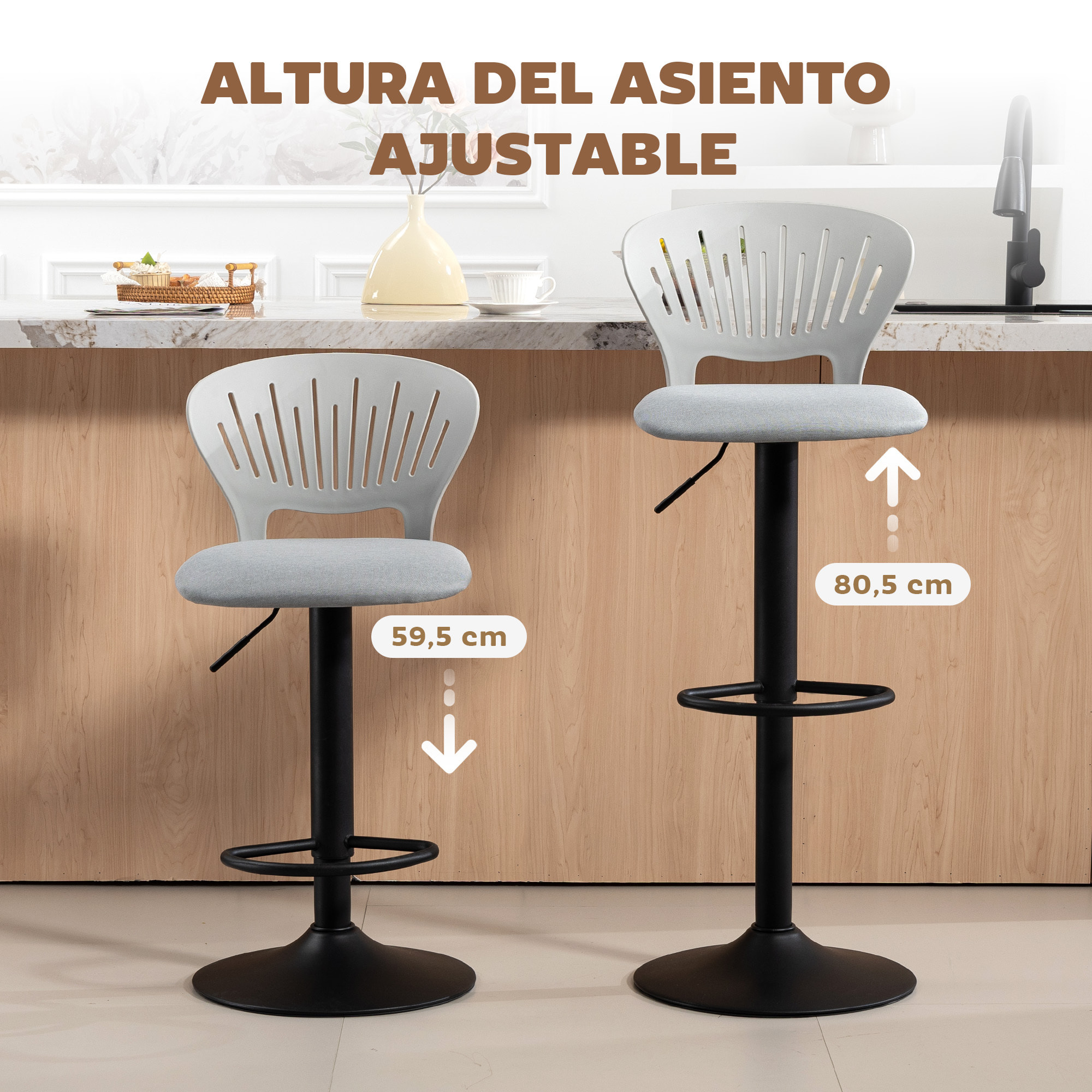 Juego de 2 Taburetes Altos de Cocina Giratorios en 360°, Taburetes de Bar Regulables en Altura de 84-105 cm, Respaldo Hueco, Reposapiés, para Comedor, Mostrador, Gris