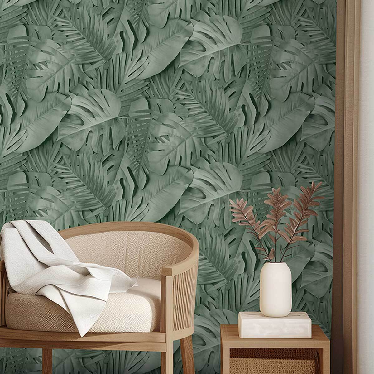 Papier peint feuillage tropical vert profond