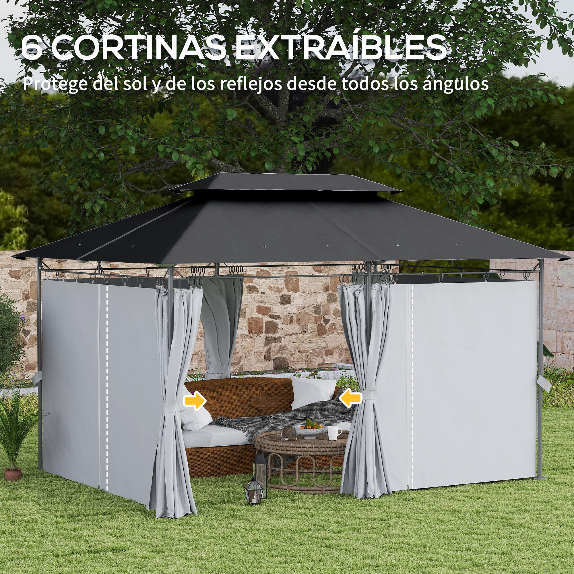 Cenador para Jardín 4x3 m Pérgola de Jardín Gazebo con Doble Techo Paredes Laterales Resistente al Agua Carpa para Exterior Terraza Patio Gris Oscuro