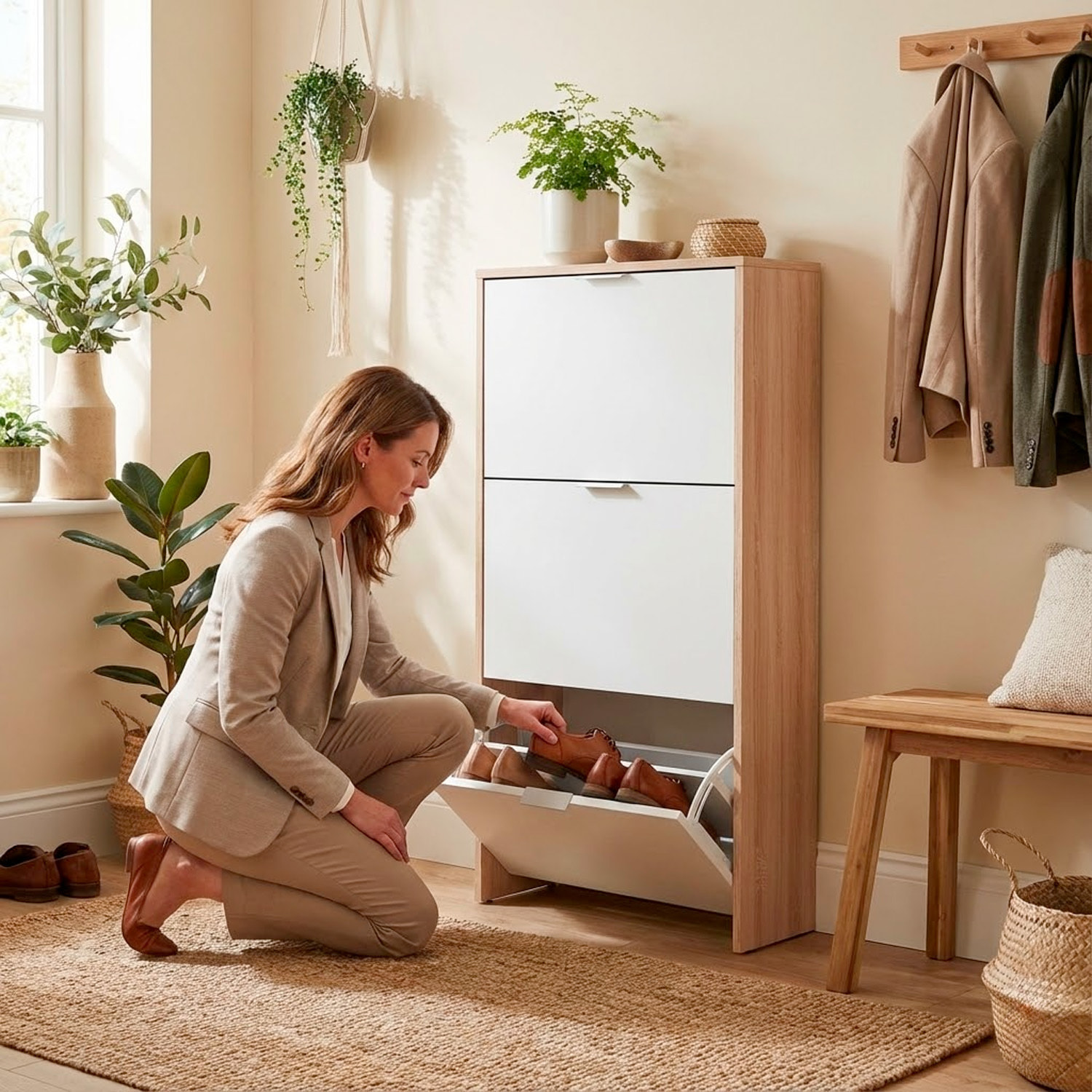 Mobile Portascarpe Salvaspazio Con 3 Ante A Ribalta Capacità Fino A 18 Paia Scarpiera Design Moderno 113 x 60 x 22 Cm Rovere E Bianco Lucido