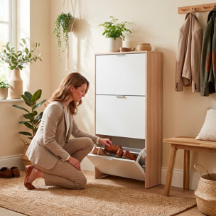 Mobile Portascarpe Salvaspazio Con 3 Ante A Ribalta Capacità Fino A 18 Paia Scarpiera Design Moderno 113 x 60 x 22 Cm Rovere E Bianco Lucido