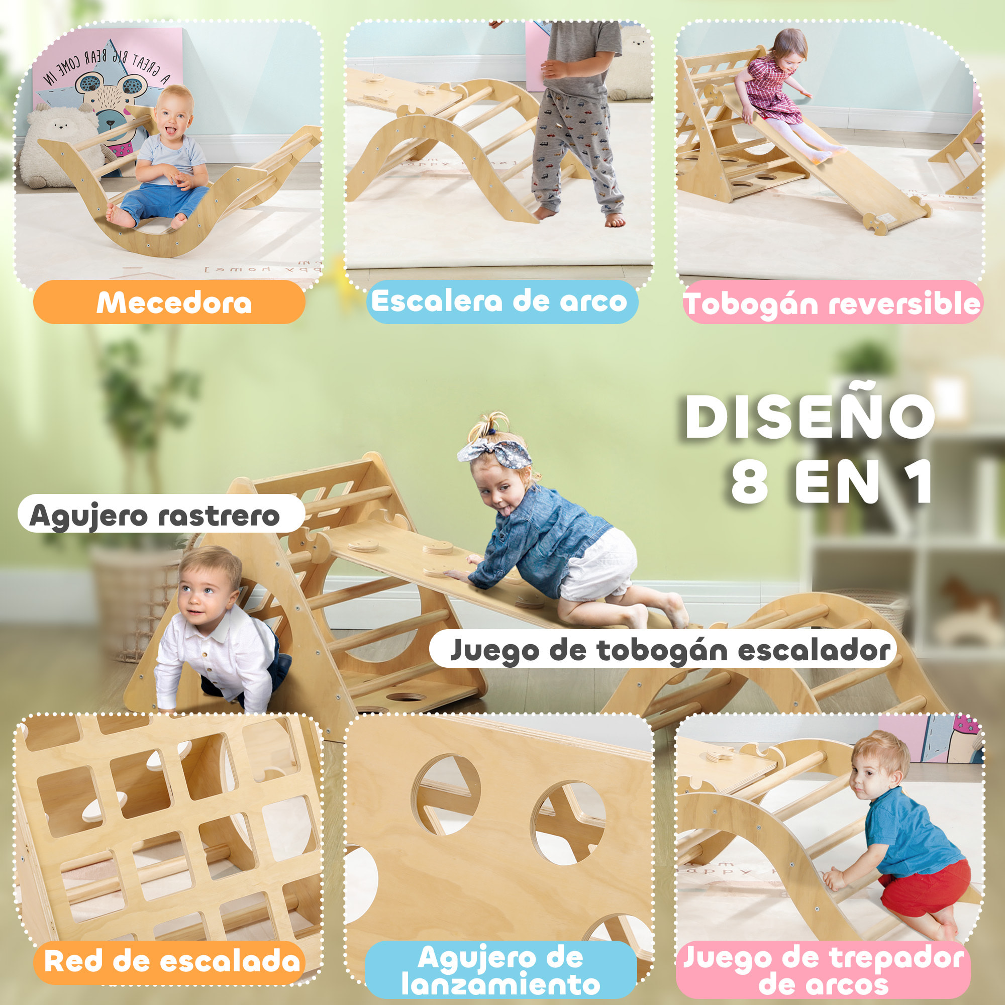 Triángulo de Escalada de Madera 8 en 1 Escalada para Niños de 18-48 Meses con Rampa Escalera de Arco y Bolsa de Arena 175x59,5x60 cm Natural