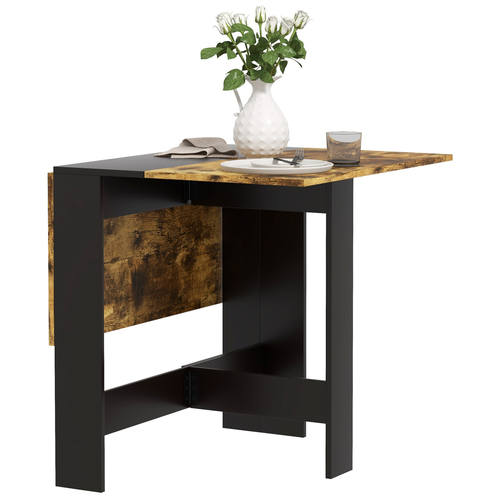 Mesa Plegable de Comedor, Mesa de Cocina Plegable, con Alas Abatibles, para Salón, Espacio Pequeño, 103x76x73,5 cm, Negro y Marrón Rústico