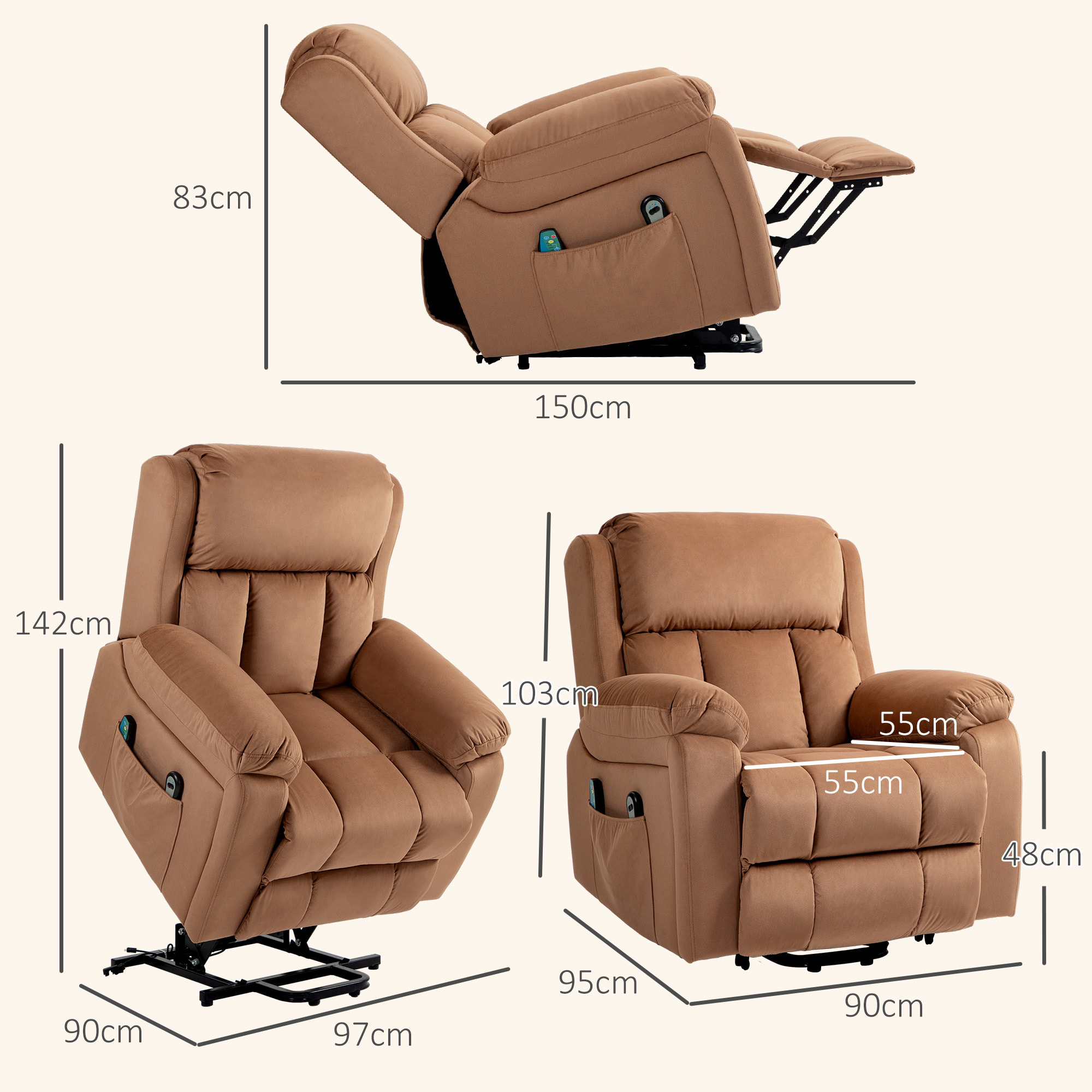 Sillón Relax Reclinable Eléctrico Levanta Personas, con Masaje Vibratorio y Calor, Sillón Elevador, con Control Remoto, Reposapiés, Tapizado en Cuero Sintético, Bolsillos, Marrón