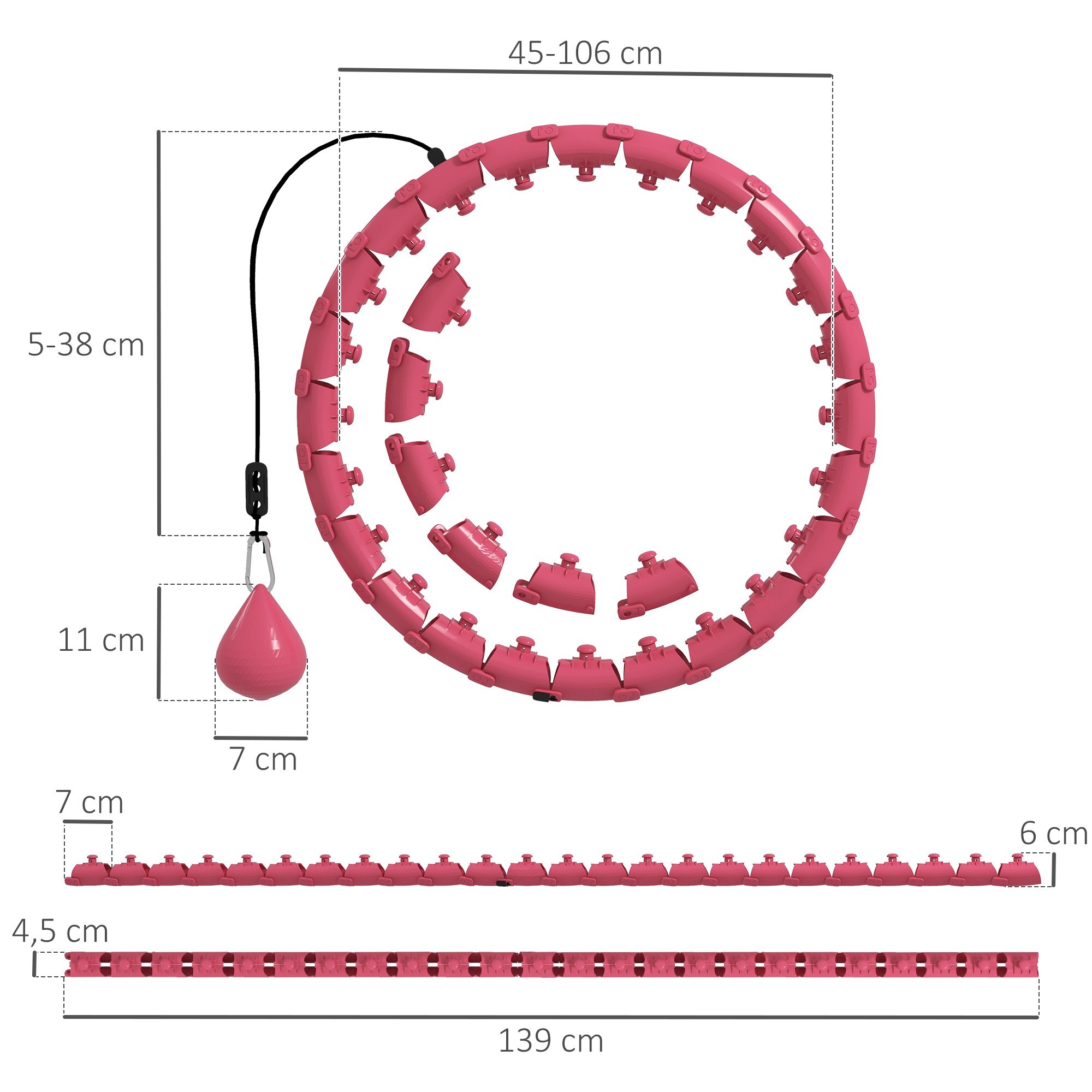 Hula Hoop fitness réglable dia. 45-106 cm - picots massage intégrés, segments amovibles - mauve