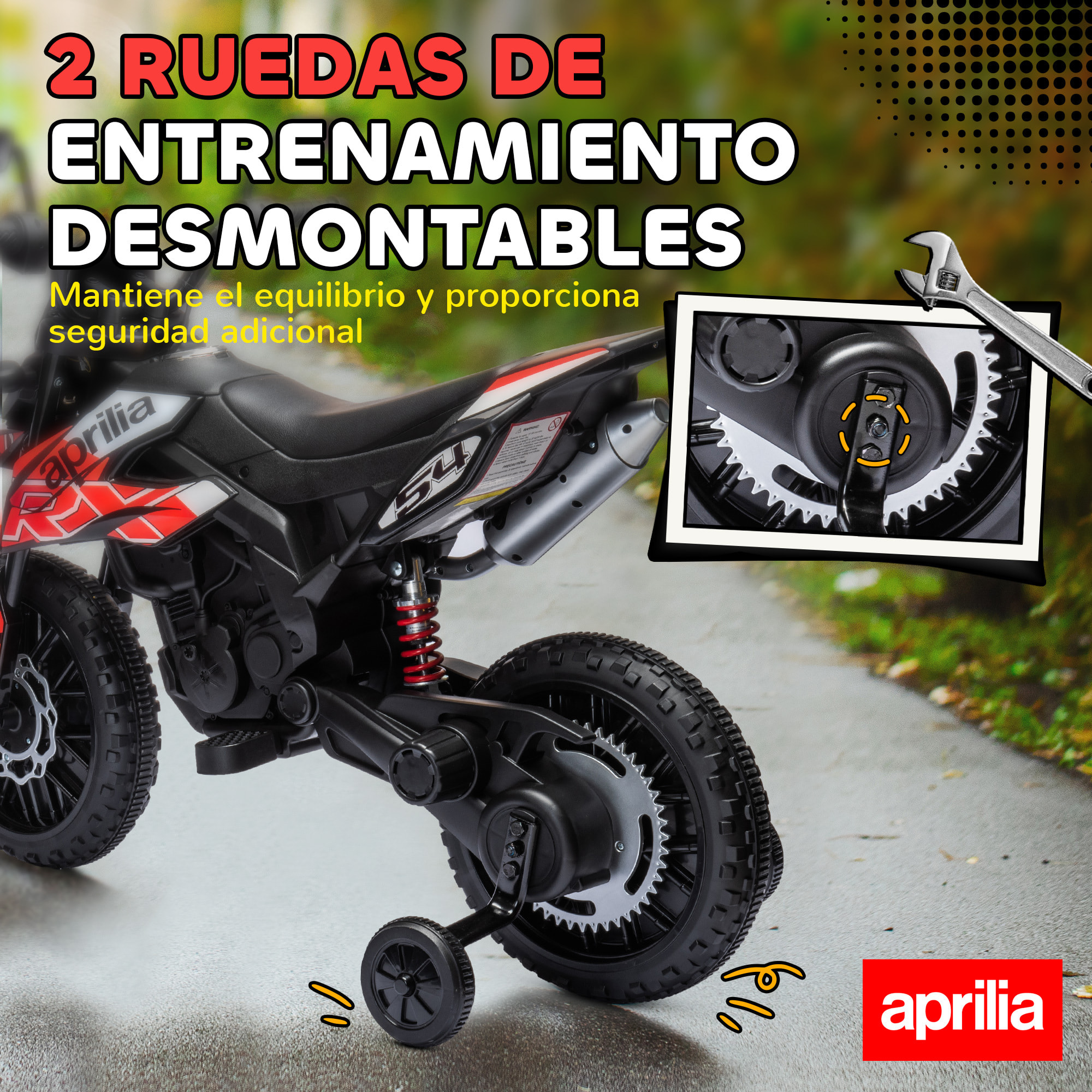 Moto Eléctrica para Niños 12V con Licencia Aprilia, Moto Eléctrica Infantil con Ruedas Auxiliares Desmontables, 6 km/h, Suspensión Trasera, Faro, Música y USB, para Niños 37-96 Meses, Rojo