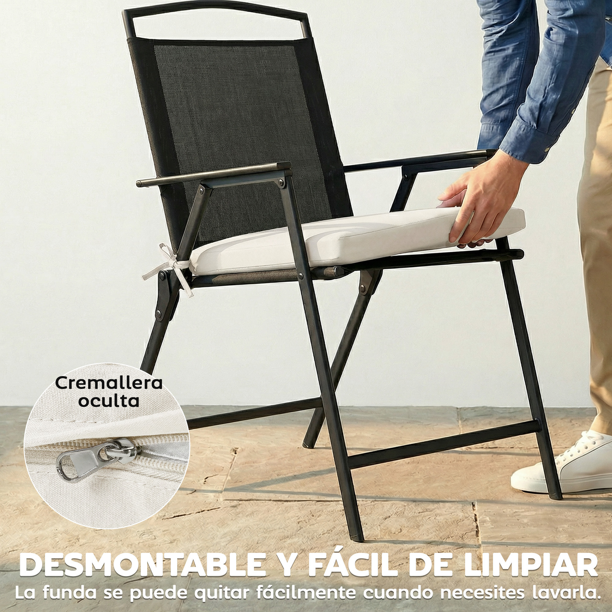 Juego de Cojines para Sillas de Comedor, 46x42x7 cm, 6 Piezas, Cojines para Sillas de Jardín con Funda Lavable y Lazos, Impermeable y Anti-UV, Crema