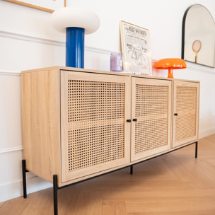 Buffet 3 portes en cannage et effet chêne - IRIS