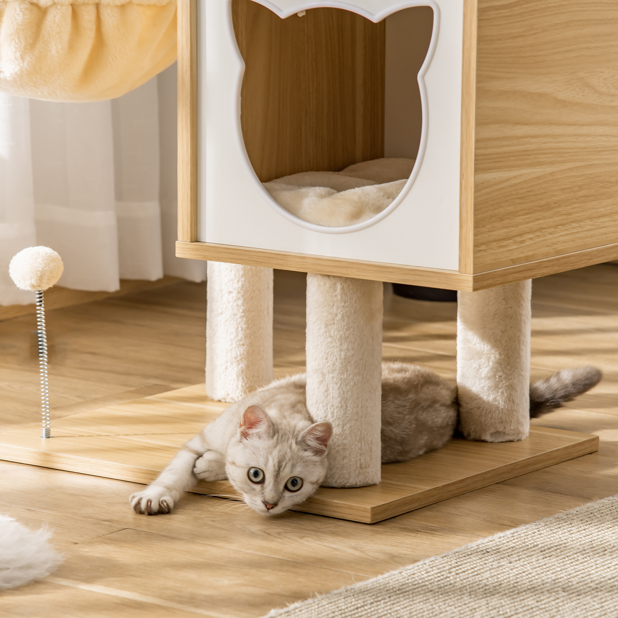 Arbre à chat multi-équipement griffoirs grattoirs niche hamac panier coussins amovibles H126 cm peluche courte sisal naturel beige