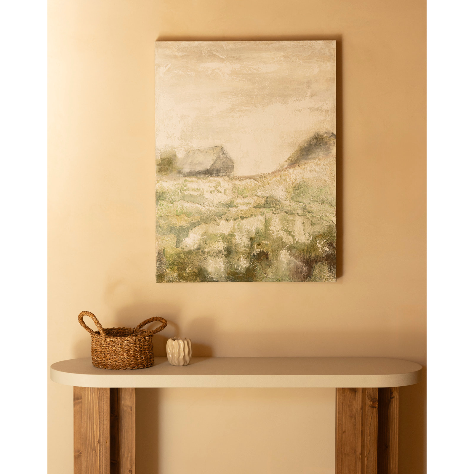 Cuadro beige y verde decorativo sobre algodón con bastidor de madera pintado a mano con pintura al óleo de varias medidas
