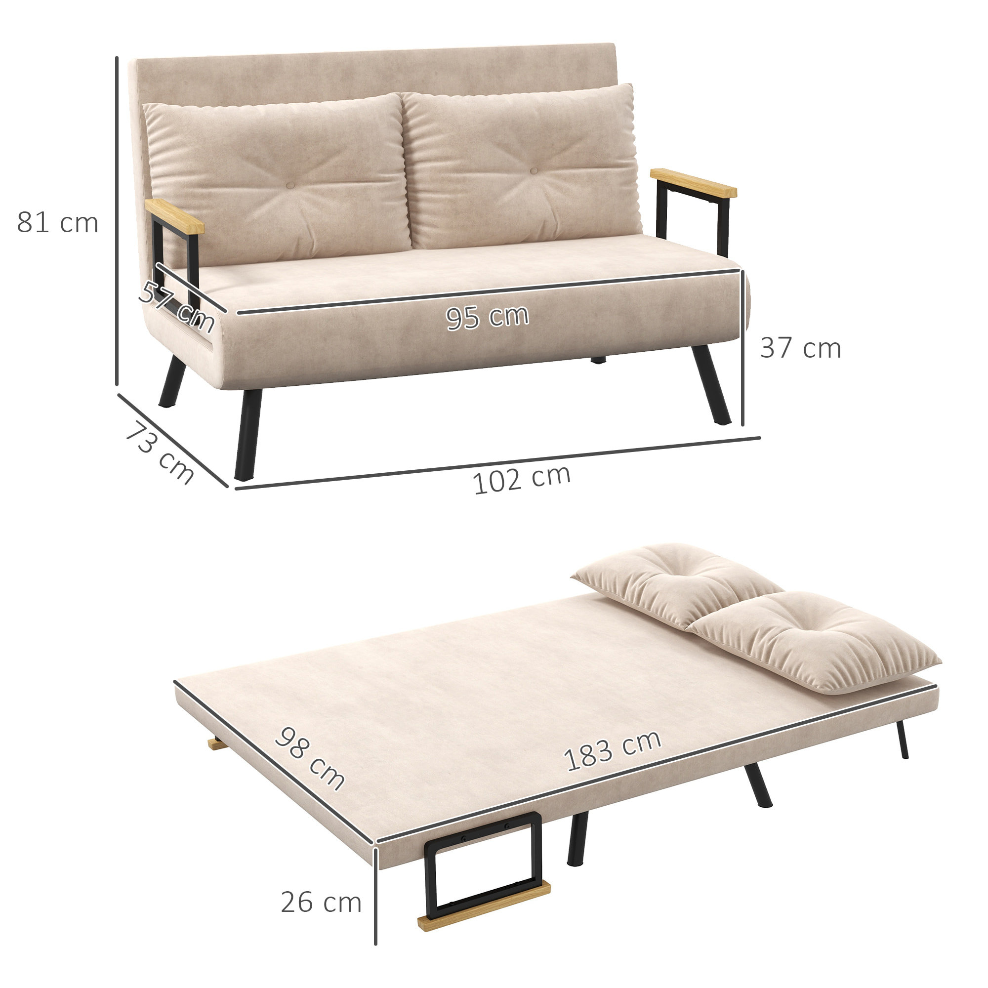 Sofá Cama Convertible 3 en 1 Sillón Cama de 2 Plazas Plegable con Respaldo Ajustable de 5 Niveles y 2 Almohadas Acolchadas para Oficina Dormitorio Salón 102x73x81 cm Beige