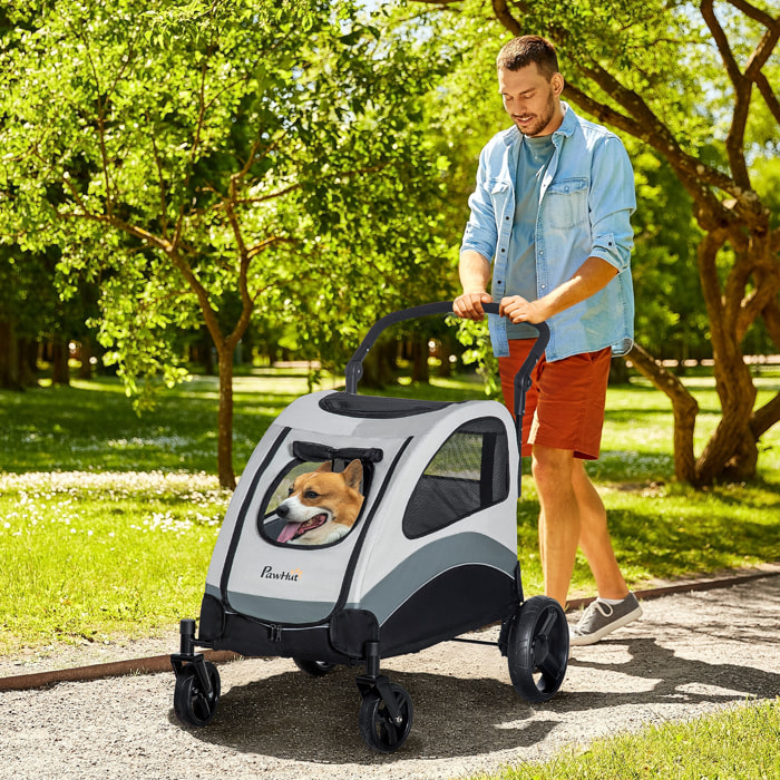 Cochecito para Perros Plegable Carrito para Mascotas con 5 Ventanas 2 Puertas Bolsillo de Almacenaje Correas de Seguridad y Frenos Tela Oxford 300D Acero 107x67x102 cm Gris