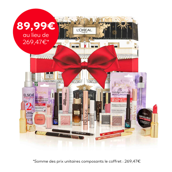L’Oréal Paris - Calendrier de L’Avent 2022 – 24 Produits de Maquillage, Soins Visage et Produit Cheveux Taille Réelle – Idéal à offrir en Cadeau pour Noël
