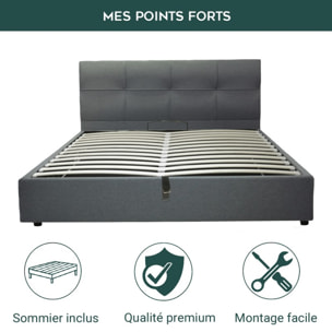 Macao Gris clair Prestige: Lit Coffre Sommier Relevable avec un Rangement Spacieux