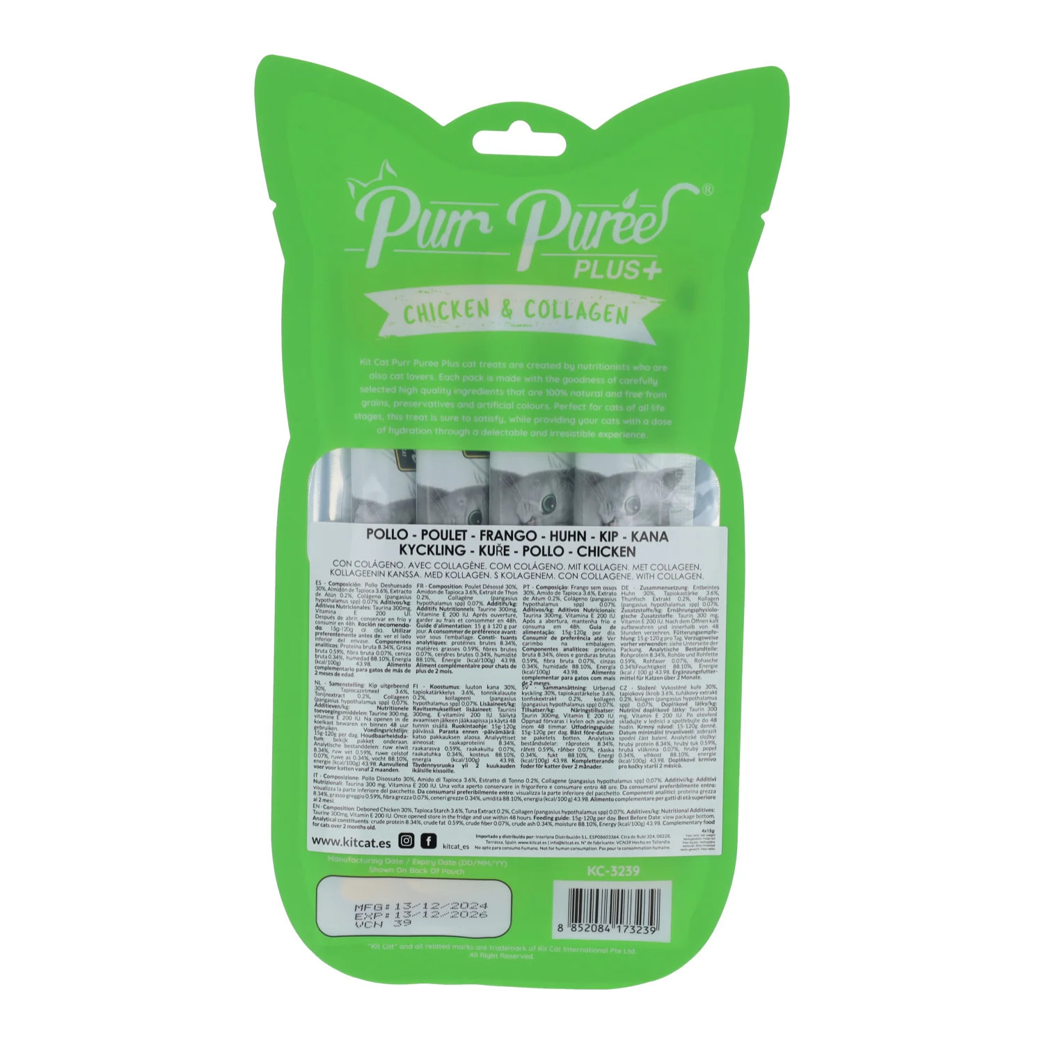 Kit Cat PurrPuree Plus - Pollo Collagen Care Kit Cat 4x15 g Snack cremoso para gatos