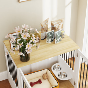 Jaula para Perros Medianos 2 en 1 Mesa Auxiliar con 2 Puertas con Pestillo Comedero Giratorio de 360° 2 Cuencos y Almohadillas Antideslizantes 80x55x71,5 cm Blanco