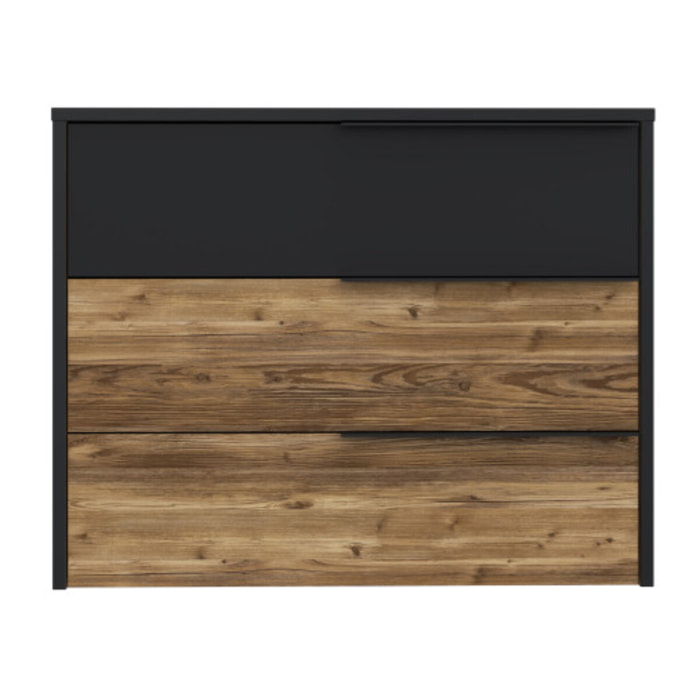 Commode H.80 cm 3 tiroirs décor bois épicéa et noir mat - YAL