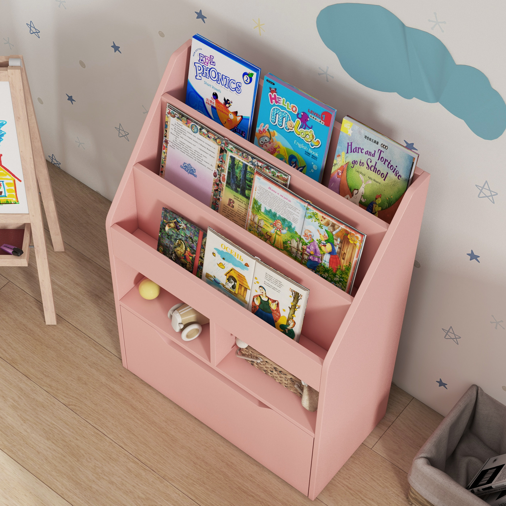 Bibliothèque étagère multi-rangement 3 étagères 2 niches grand tiroir MDF rose