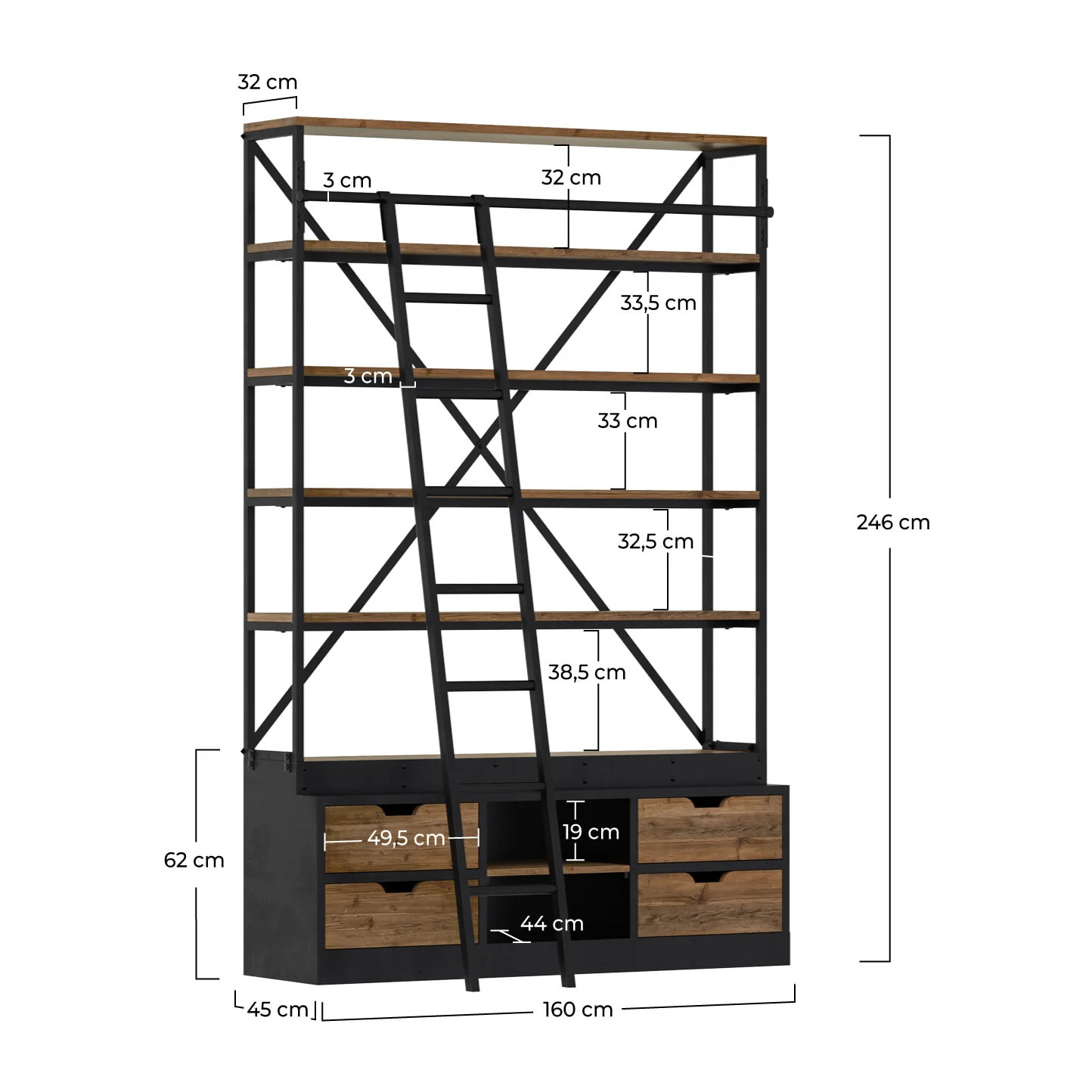 Bibliothèque 160 cm en bois et métal avec échelle, 4 tiroirs - Kasi