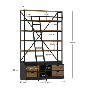 Bibliothèque 160 cm en bois et métal avec échelle, 4 tiroirs - Kasi