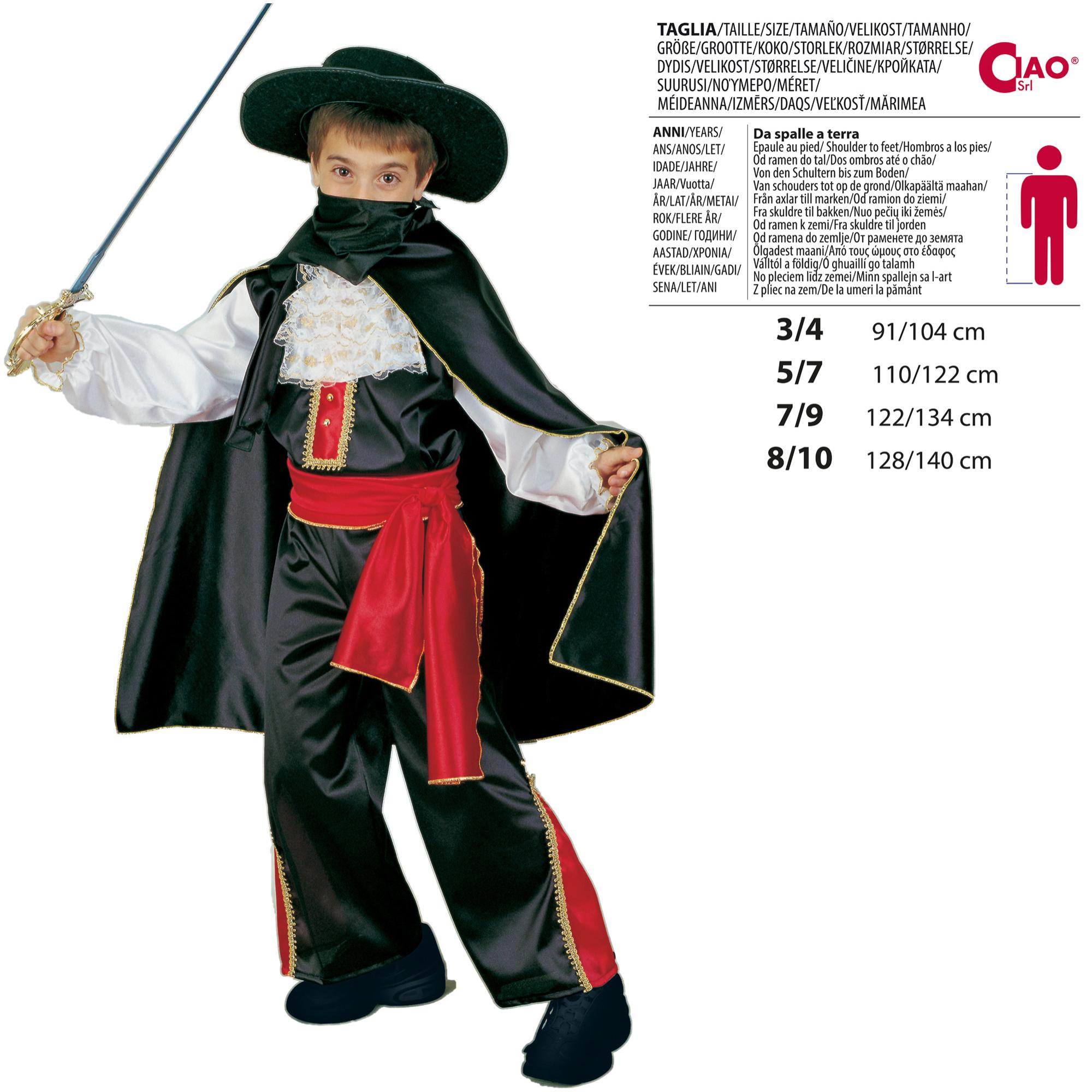 Costume Carnevale Giustiziere Mascherato Nero Rosso Bianco Bambino