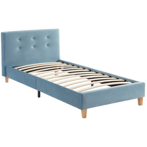 Ensemble lit enfant 90x190cm + matelas Memo HR avec tête de lit capitonnée en velours bleu - sommier à lattes - Milo