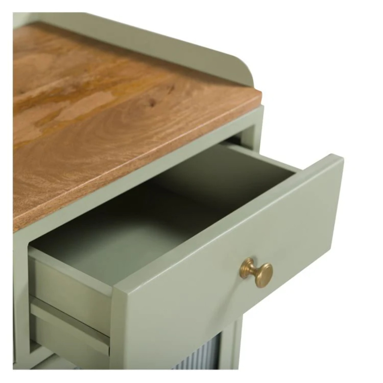 Buffet 2 portes 2 tiroirs en métal vert, manguier et verre - Marnie