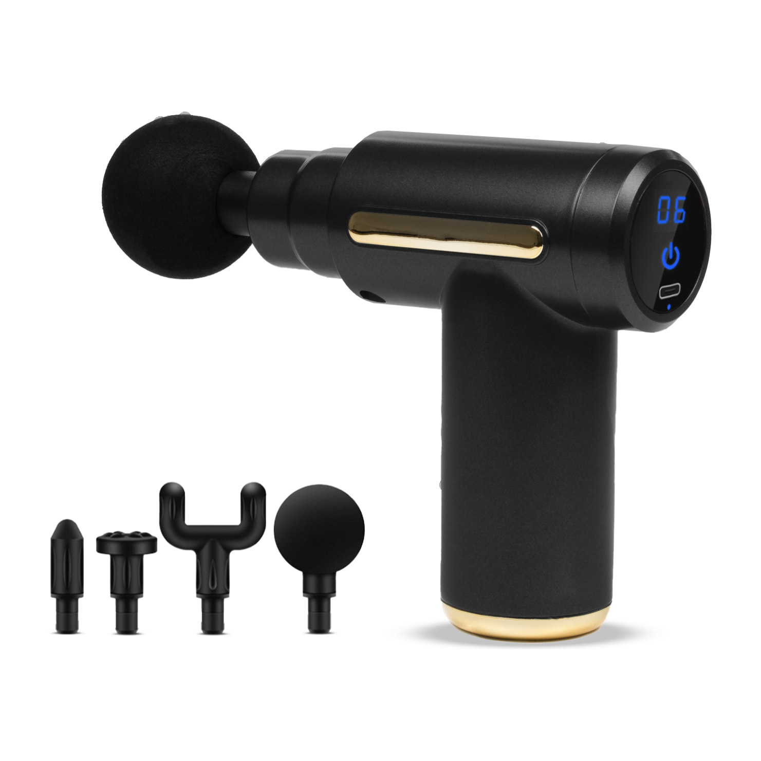 Mini pistola per massaggio muscolare Fascia Gun BX720 con schermo tattile. 6 livelli con velocità da 1800 a 3200 rpm. 4 teste.