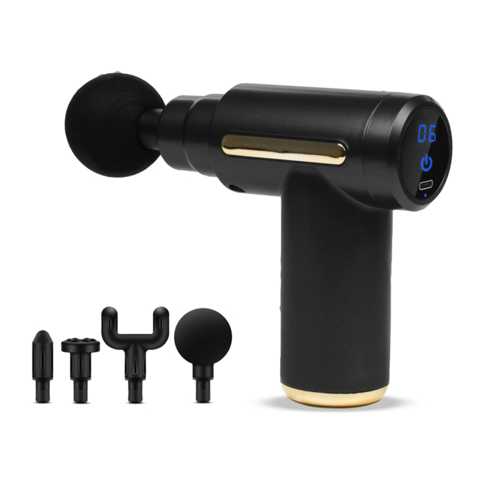 Mini pistola per massaggio muscolare Fascia Gun BX720 con schermo tattile. 6 livelli con velocità da 1800 a 3200 rpm. 4 teste.