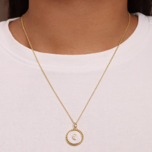 Collana Catena Rolo e Pendente in Madreperla Lavorato con Luna e Cubic Zirconia