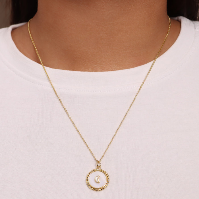 Collana Catena Rolo e Pendente in Madreperla Lavorato con Luna e Cubic Zirconia