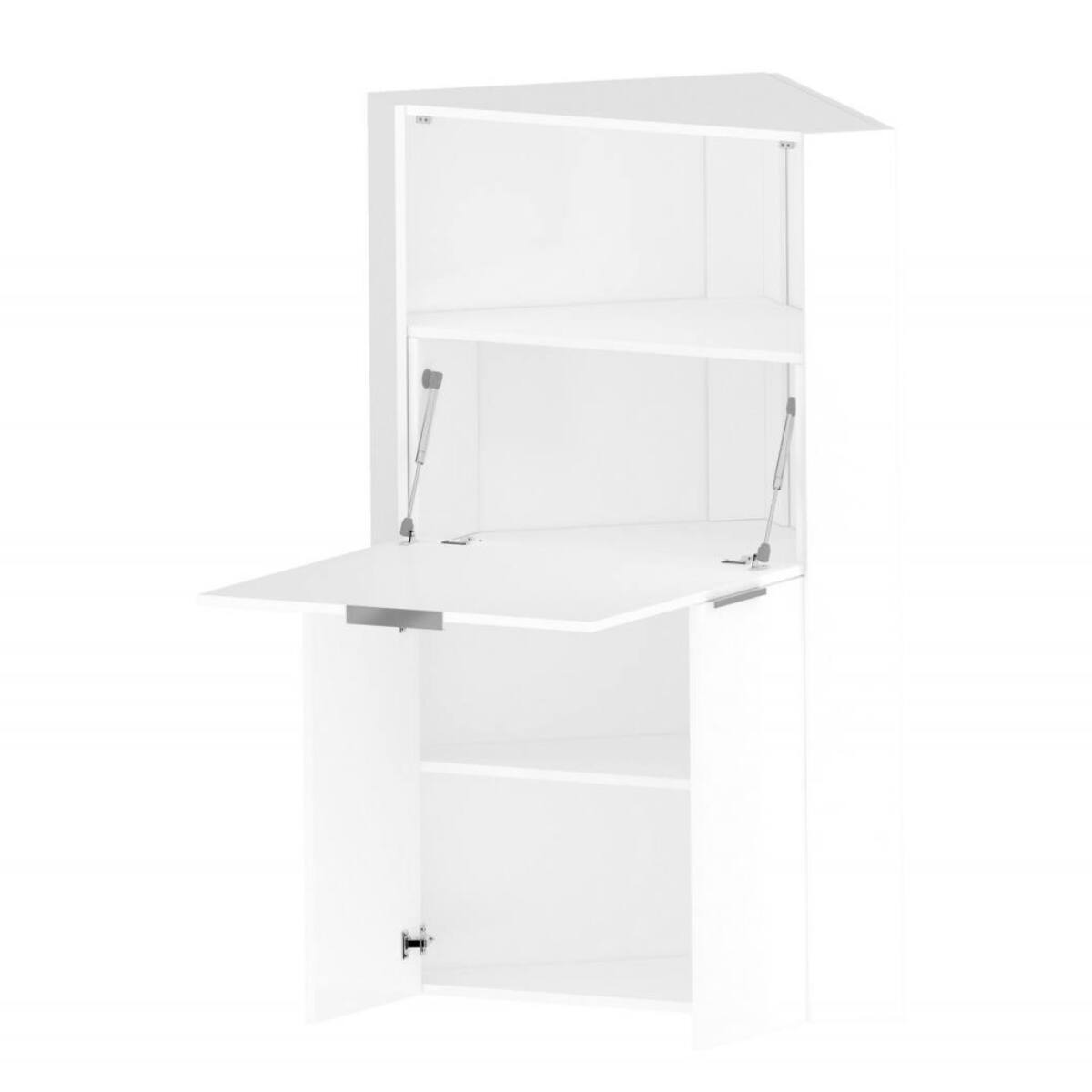 Scrivania ad angolo con piano nascosto, Made in Italy, Mobile con scaffali e piano da lavoro, Armadio salvaspazio, cm 70x57h140, colore Bianco lucido