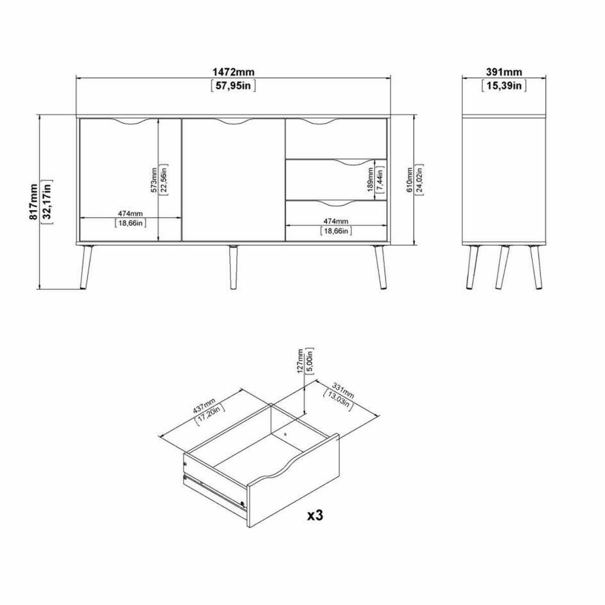 Credenza a due ante e tre cassetti, colore bianco e rovere, Misure 147 x 81 x 39 cm