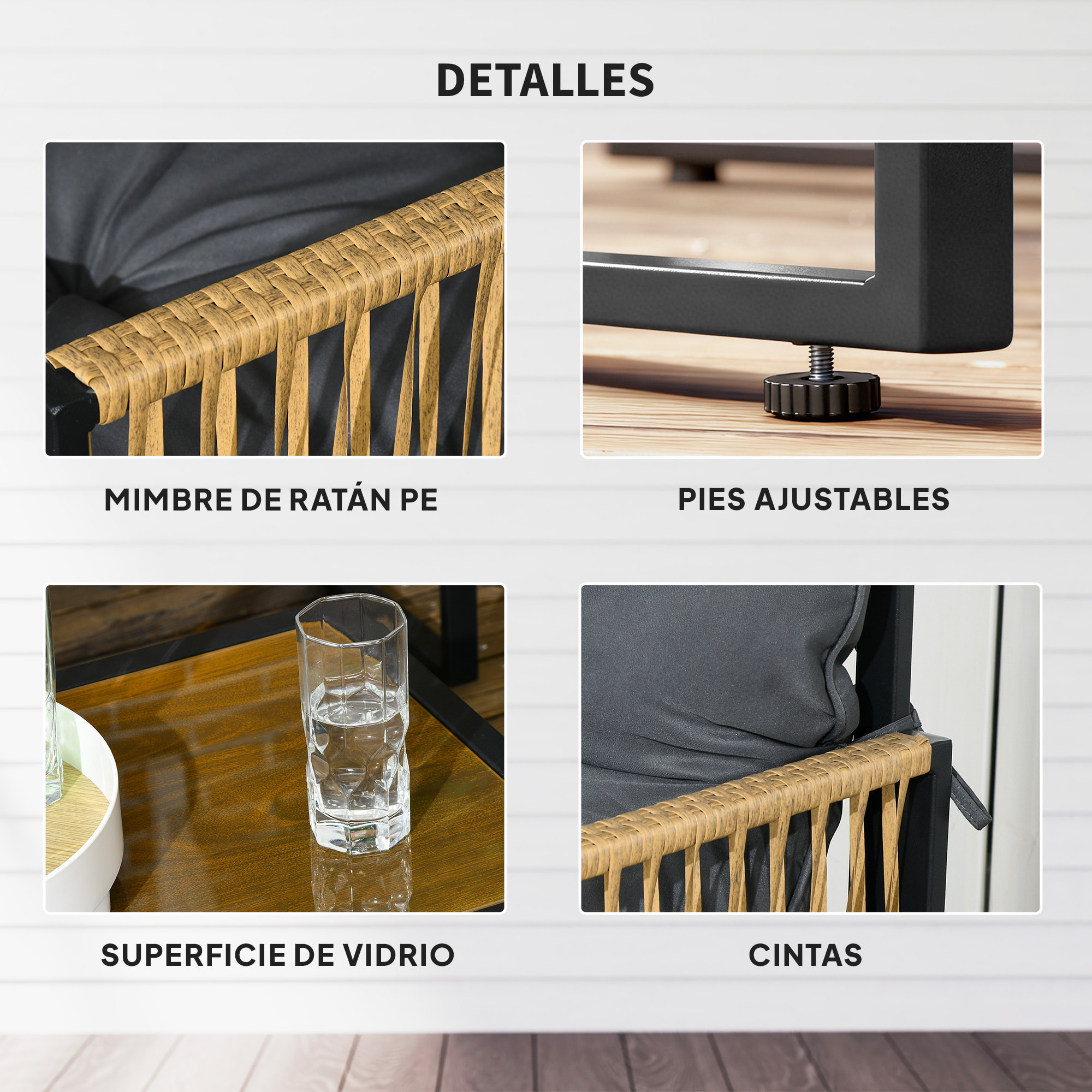 Conjunto Jardín Exterior de Ratán, Muebles Jardín Exterior para 4 Piezas, Muebles Terraza con 1 Sofá de 2 Plazas, 2 Sillones, Cojines y 1 Mesa de Tablero de Vidrio, para Patio, Gris y Marrón