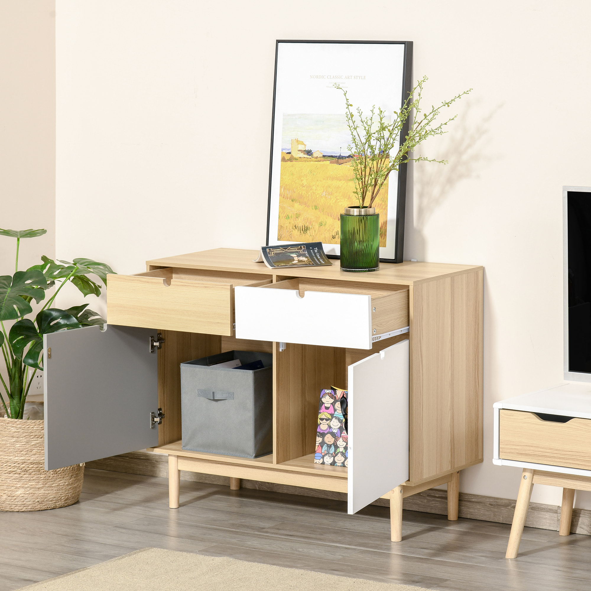 Buffet design scandinave 2 placards tiroirs coulissants MDF multicolore blanc gris bois clair