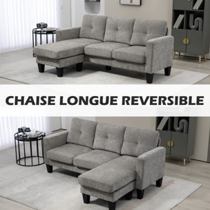 Sofá Chaise Longue Reversible, Sofá de 3 Plazas en Forma de L, Tapizado en Chenilla, Asiento y Respaldo Acolchados, Estructura de Acero, 186x130x84 cm, Marrón Topo