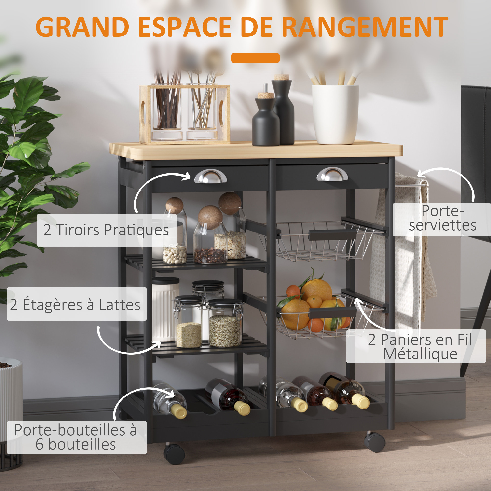 Chariot de service desserte de cuisine à roulettes multi-rangements 74L x 37l x 76H cm plateau bois massif pin châssis MDF noir